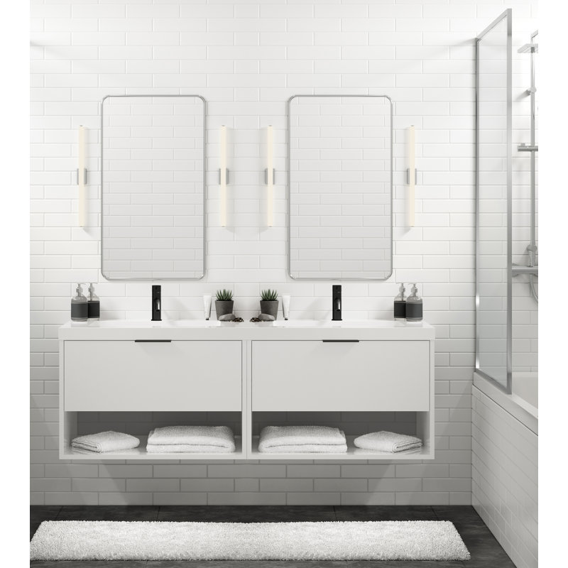 Modo 60" W Wall Mounted Double Bathroom Vanity, Matte White/8" Widespread, Matte Black, White Acrylic
