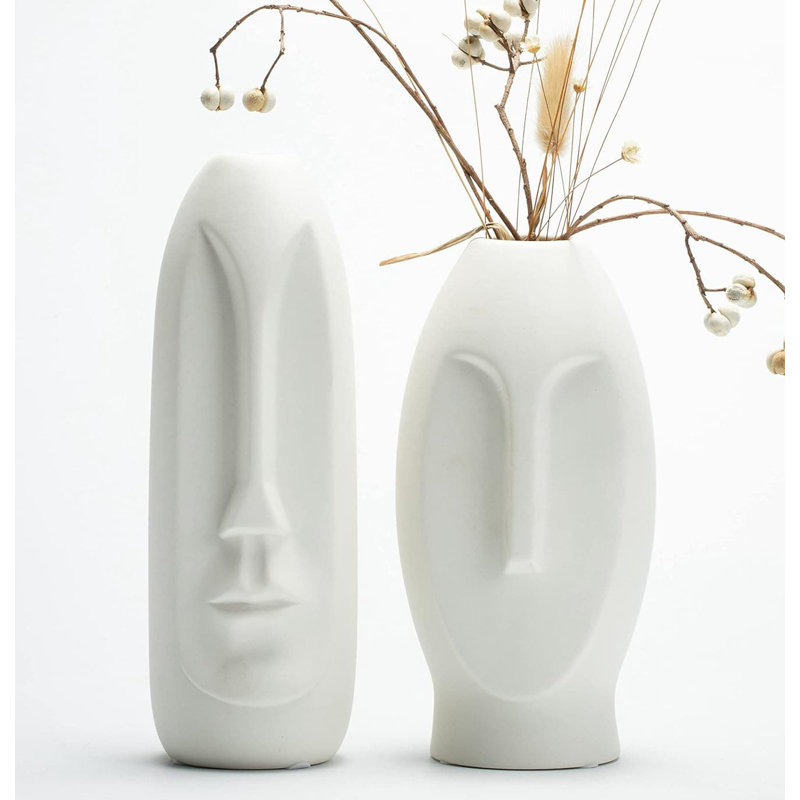 White Ceramic Handmade Face Vase Set of 2