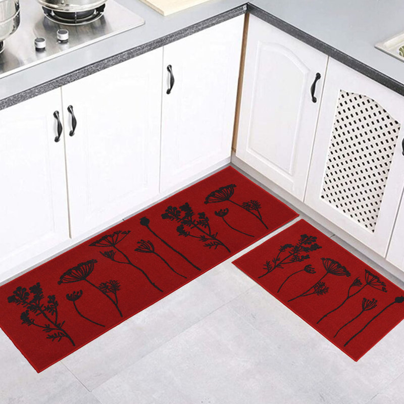 Wildflowers Non Skid Kitchen Mats Runner & Comfort Mat (2 Pieces), Red/Black