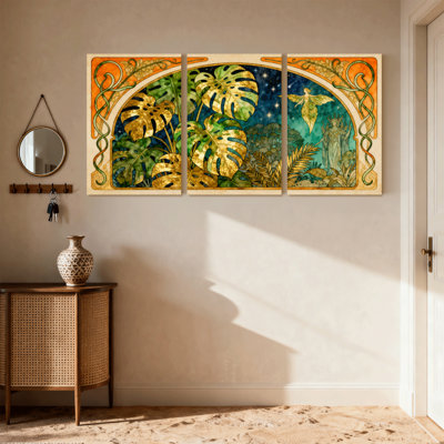Fantasy & Sci-Fi Tropical Leaves Night Sky Fairy Garden Art Set of 3 Canvas Wall Art Prints