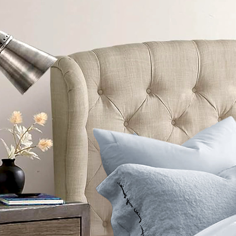 Luxury Linen Upholstered Wingback Headboard – Modern - Adjustable Height - Button Tufting, Beige, King