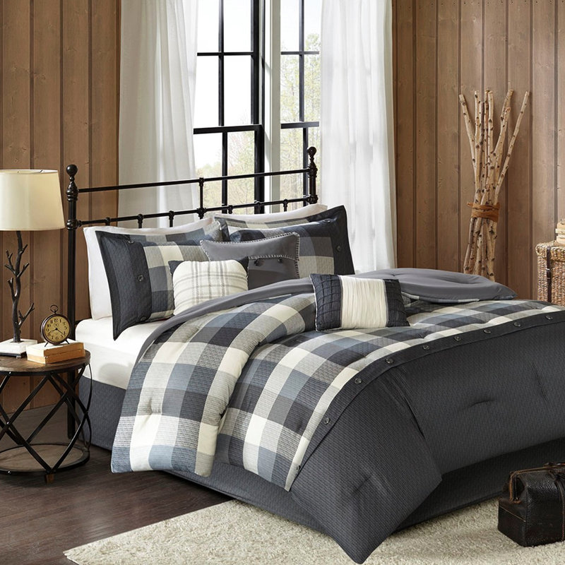 Édredon très grand à chevrons gris - 7 pièces avec motif écossais Buffalo, Gris
