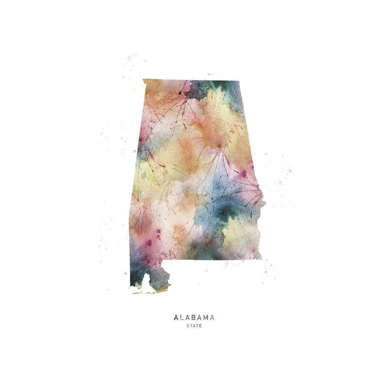 Wyoming Watercolor State Map - impression sur toile tendue, H 60 po x l 40po x P 1,5 po, Alabama