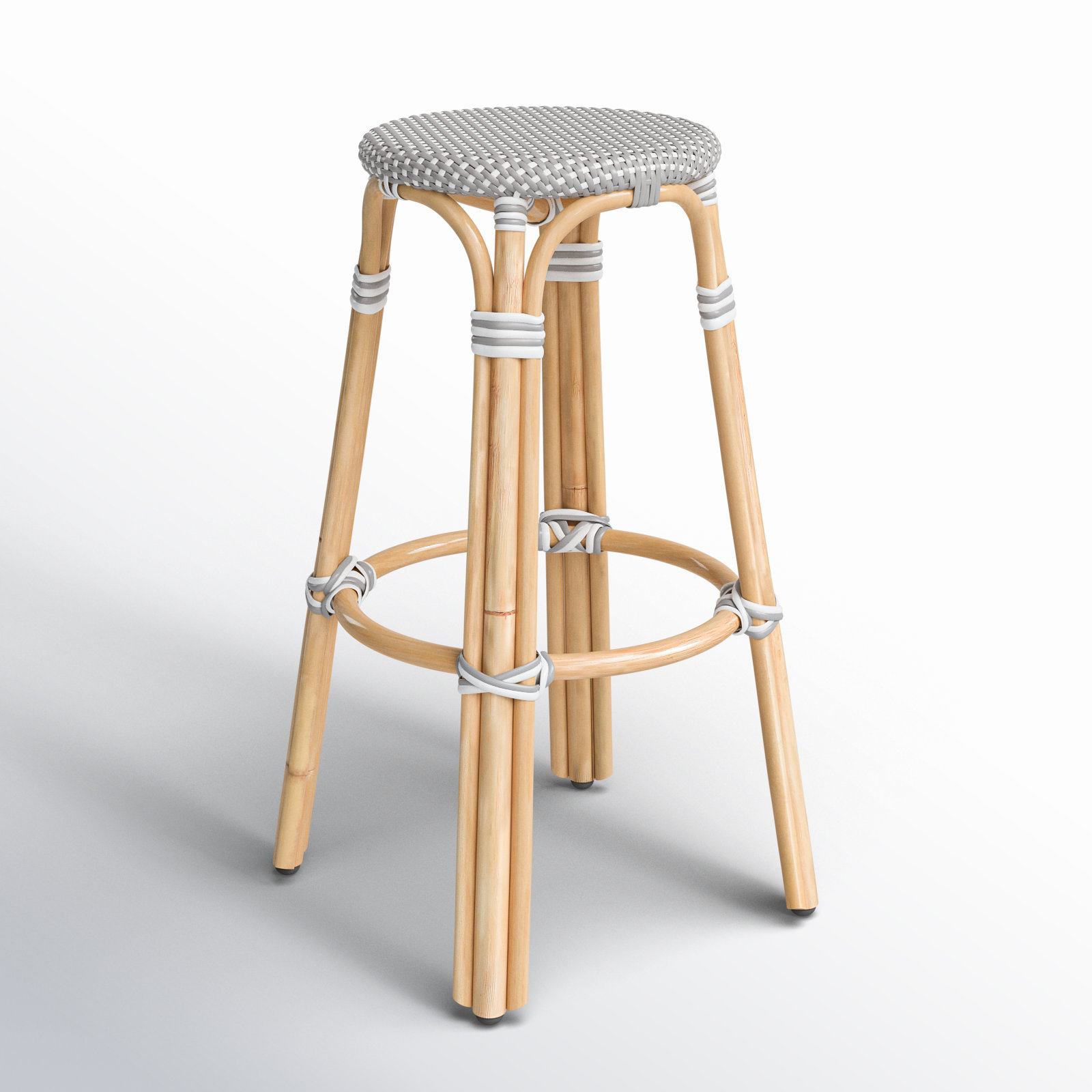 Alastair 30" Bar Stool, Bar Stool (30" Seat Height), Gray/White Dot/Natural Rattan Frame