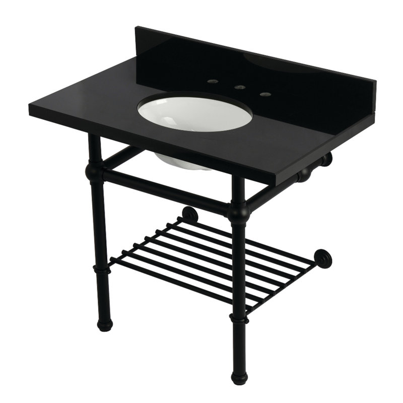 Kingston Brass Templeton 36-Inch Black Granite Console Sink with Brass Legs and Shelf (8-Inch, 3-Hole)