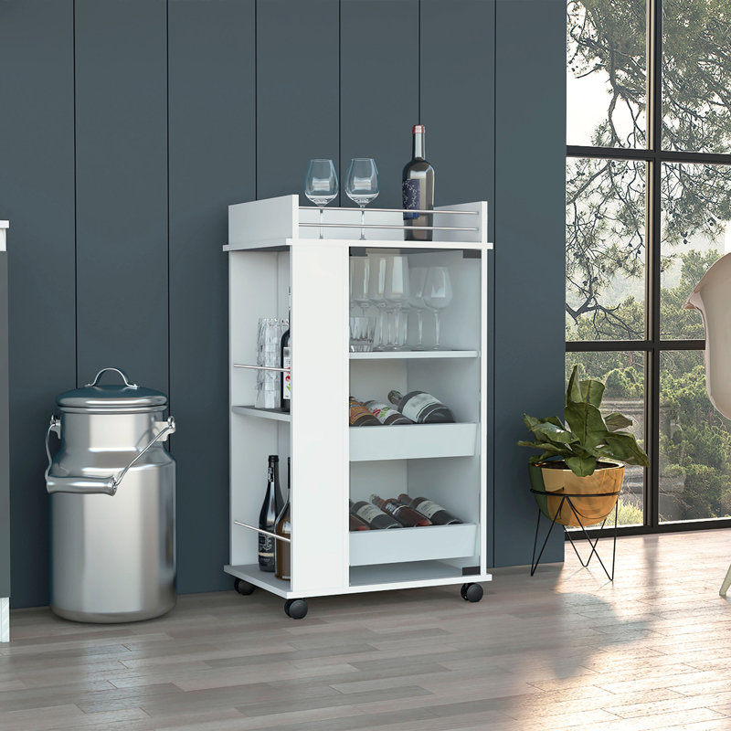 Baltimore Bar Cart with Casters, Glass Door and 2-Side Shelf, White
