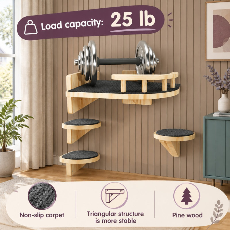 Arbre à chat d'angle en bois avec 3 larges plates-formes ; étagères flottantes modernes d'intérieur pour dormir, jouer et grimper, jusqu'à 11 kg