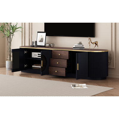 Meuble télé noir pour téléviseur de 80 po, 3 tiroirs et 2 armoires, unité de divertissement moderne, placage de grain de bois, poignées en métal au look contemporain avec grain, poignées, couleur