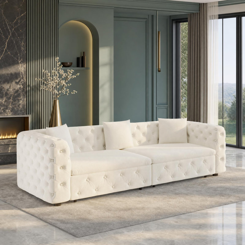 Canapé-lit gigogne en velours capitonné avec coussins décoratifs, Velours beige