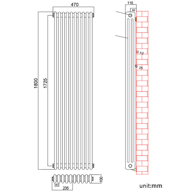 Diredra Vertical Designer Radiator, 1800mm H x 470mm W x 100mm D