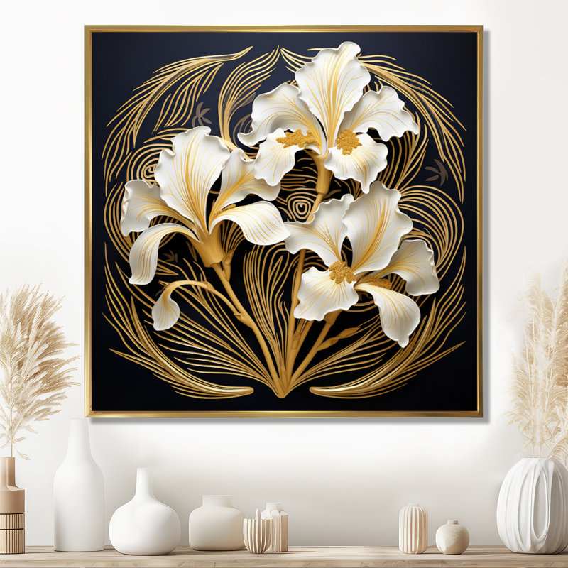 Floraison dorée iris fleur dorée glamour feuilles - iris mur art salon, Cadre flottant doré, bois massif, H 30 po x l 30 po