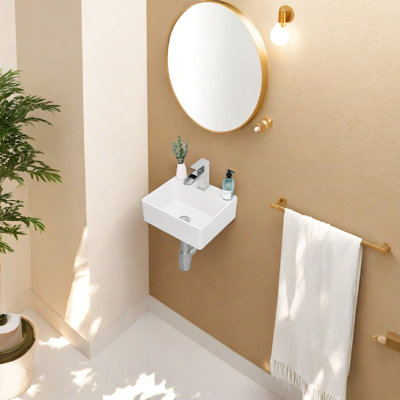 Lavabo mural rectangulaire en céramique blanche de 34,5 x 29,5 cm (13,6 x 11,6 po), petit lavabo suspendu avec un seul trou pour robinet, bonde de 4,4 cm (1,75 po), pour salles de bain et salles d'eau compactes.