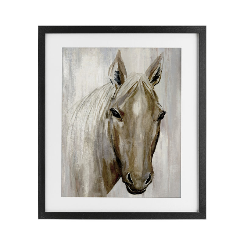 Golden Horse, reproduction sous verre encadrée, conception par Hannah Dawson, H 16 po x l 13 po, Cadre noir minuit