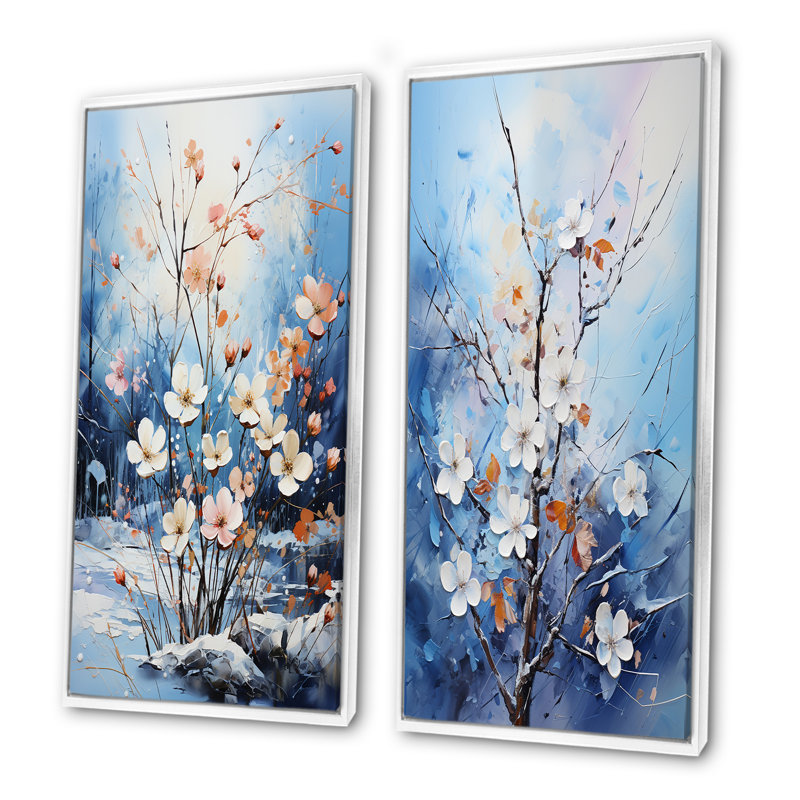 Bouquet de fleurs de neige harmonie - ensemble de 2 impressions sur toile, Cadre blanc, H 40 po x l 41 po