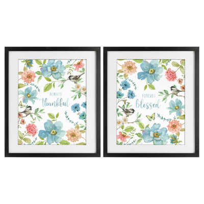 Ensemble de 2 reproductions encadrées sous verre rose et bleu Gratitude Blooms, design par Nan