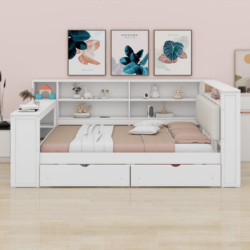 Lit plateforme en bois avec tablettes de rangement, tiroirs, station de charge, DEL, bureau et tête de lit tapissier, blanc