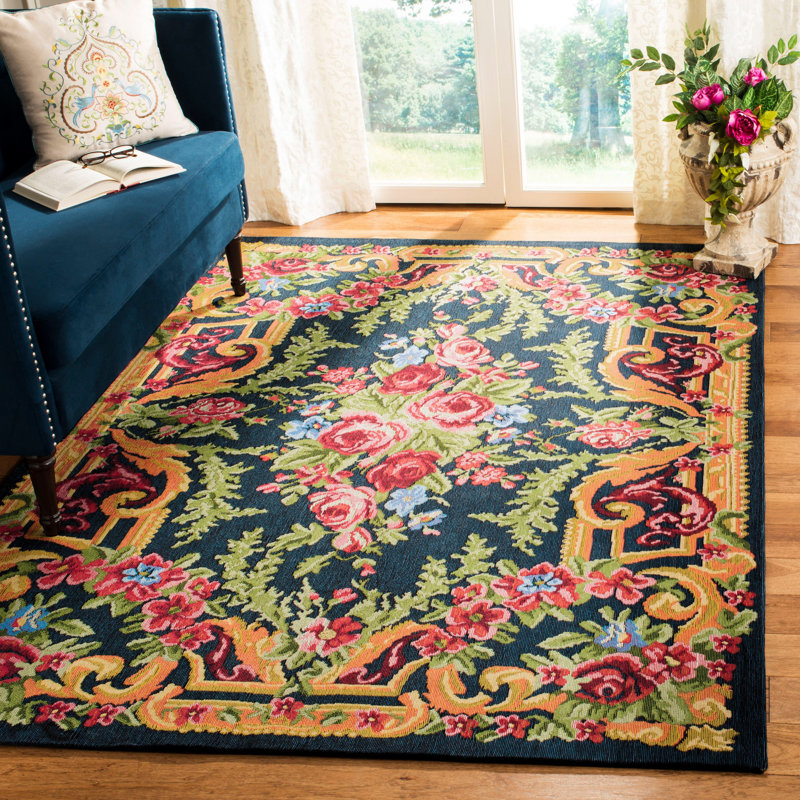 Classic Vintage Black and Rose Floral 4' x 6' Cotton Area Rug