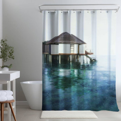 Turquoise Exotic Coastal – Dream Travel – Polyester Shower Curtain, Dye Sublimation Print, 71" W × 74" L
