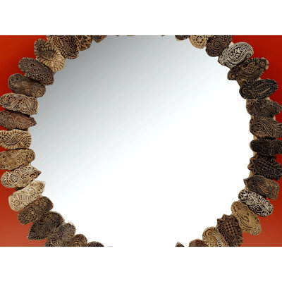 24" Vintage Wooden Printing Blocks Framed Mirror - Handcrafted Circular Rustic Wall Decor for Entryway Living Room