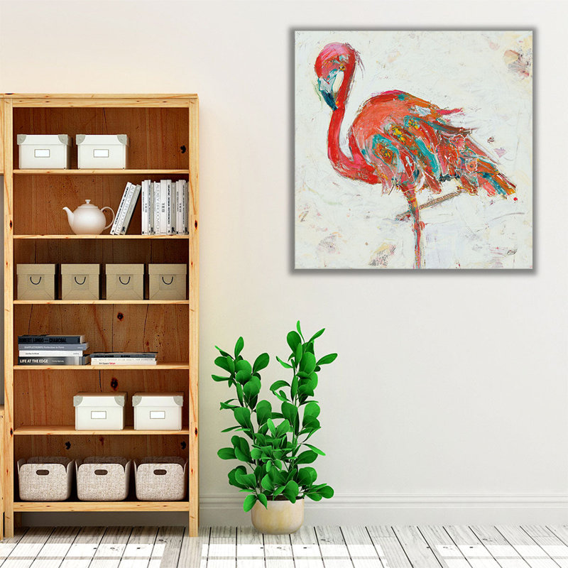 Flamant rose sur blanc - reproduction d'art sur toile, H 40 po x l 40 po