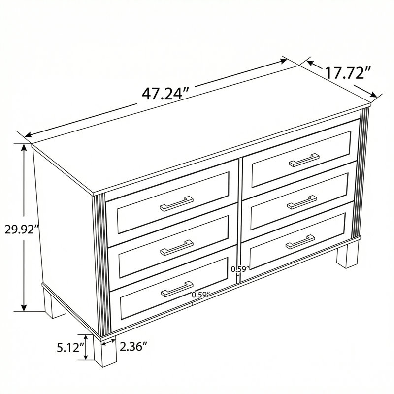 Commode double moderne à 6 tiroirs avec poignées en métal et pieds en bois massif, armoire de rangement spacieuse pour l'organisation de la chambre à coucher et la décoration intérieure