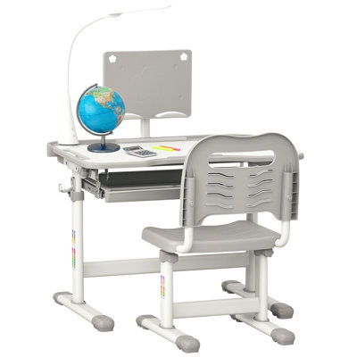 HOMCOM Kids Desk and Chair Set Height Adjustable Study Desk USB Lamp Grey