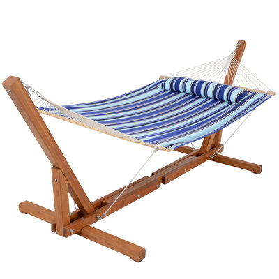 Double Spreader Bar Hammock With 12-14 Foot Adjustable Wooden Hammock Stand