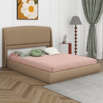 Wooden Upholstered Platform Bed, Low Profile Bed Frame With Wingback Padded Headboard, Wood Slat Support