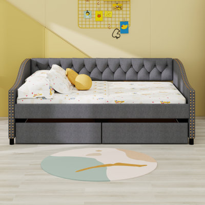 Upholstered Daybed With Two Drawers, Wood Slat Support
