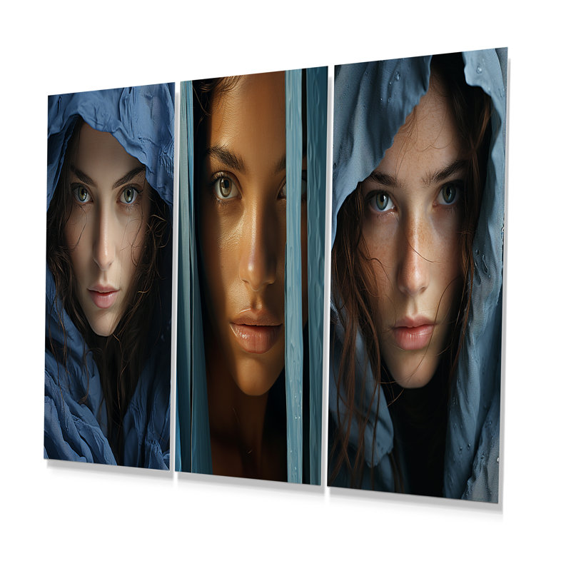 Cerulean Codex Woman Portrait - Art mural en métal pour salon, ensemble de 3, H 32 po x l 48 po