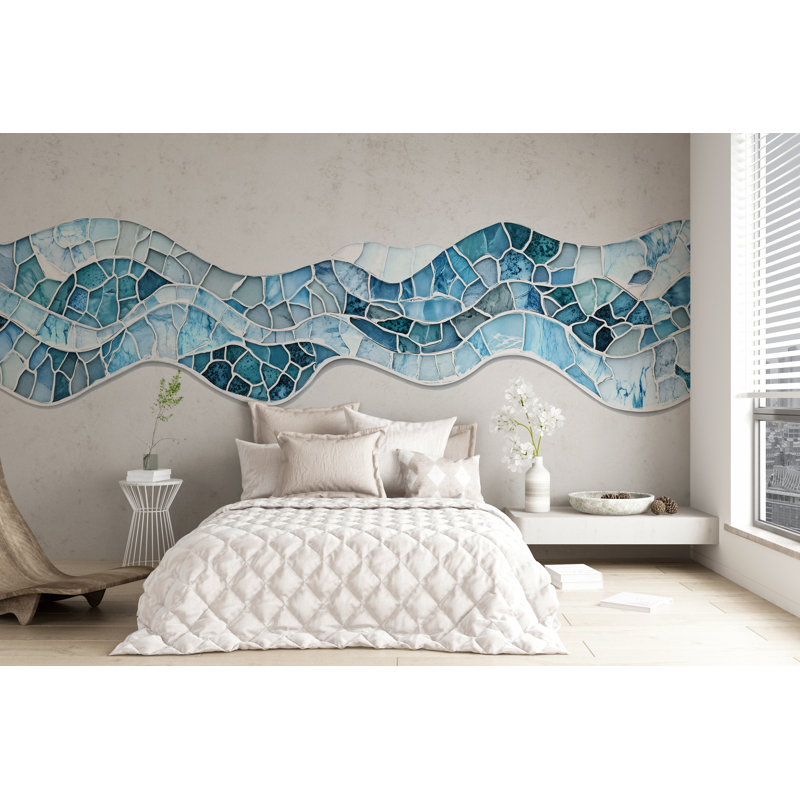 Adhésif décoratif abstrait en forme de vague bleue en vinyle, art mural amovible inspiré de l'océan pour la chambre ou le salon
