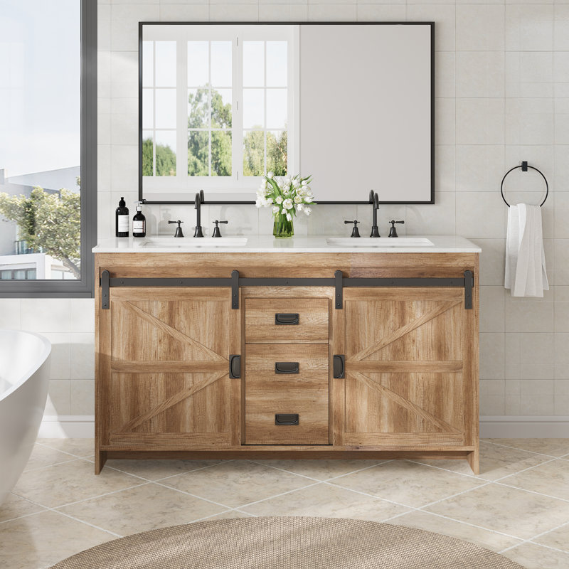  60" Farmhouse Double Bathroom Vanity With Engineered Stone Top, Sliding Barn Door Sink Vanity