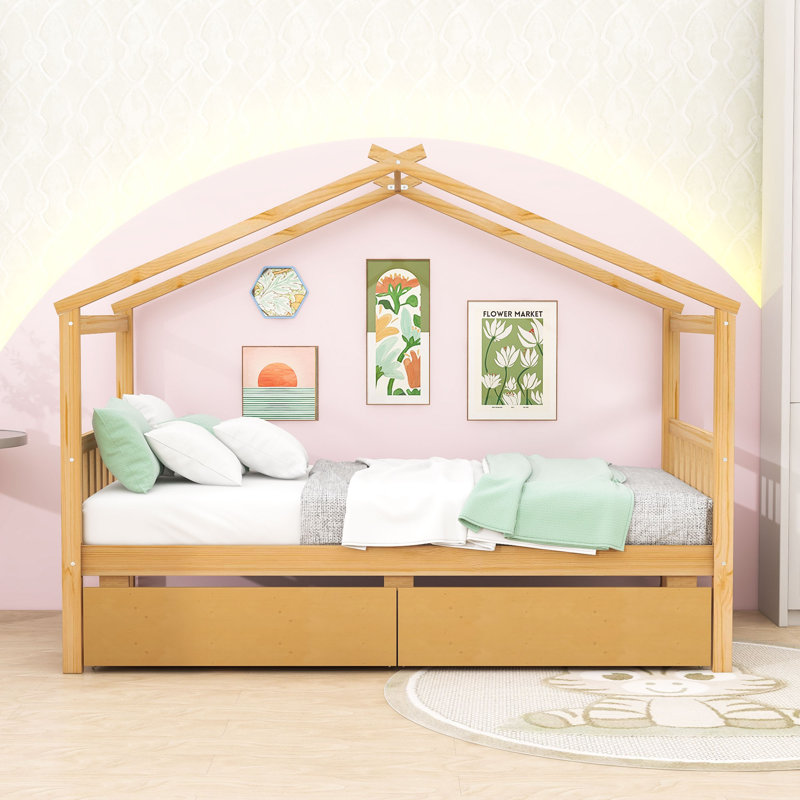 Souris Wood Daybed with 2 Big Drawers, Natural, Twin