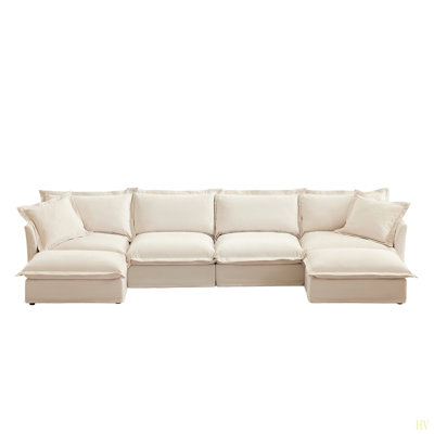 Canapé modulaire large et profond à housse en U avec housse, canapé 4 places avec bordures françaises, plusieurs grands coussins, canapé moelleux à siège profond et moelleux pour salon, appartement, tissu chenille