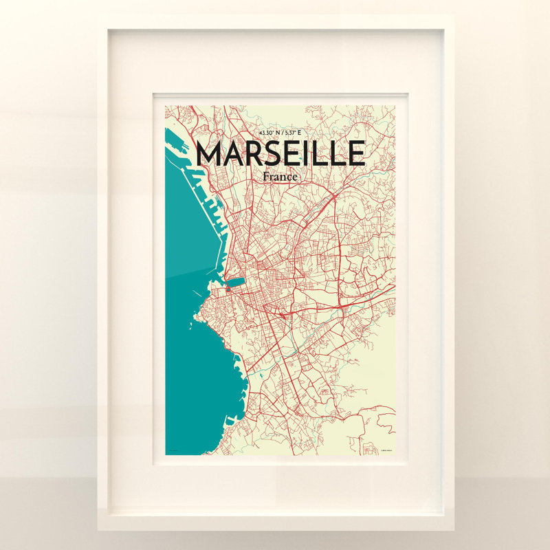 Marseille City Map In Tricolour - No Frame Print, 27.6cm H x 19.7cm W x 0.05cm D