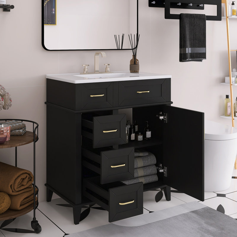 30" Free-Standing Bathroom Vanity With Ceramic Sink Soft Close Door, And Three Soft Close Drawers, Black
