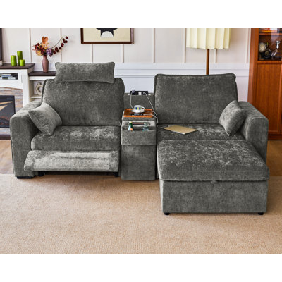3-seater Chenille Loveseat Power Recliner Sofa With Headrest Oversized Cloud Modular Sectional Couch With Table, Drawer, Charging, And Storage Ottoman by Mercer41