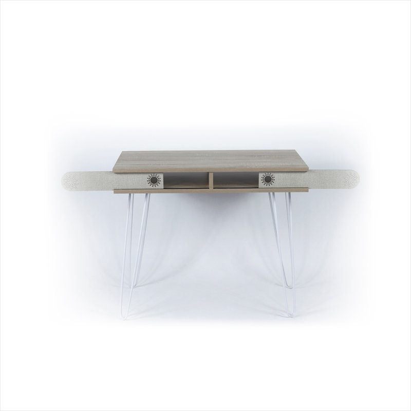 Bureau de style scandinave avec deux tablettes ouvertes, un plateau rectangulaire d'aspect bois et des pieds en acier noir, idéal pour le bureau à domicile ou le bureau