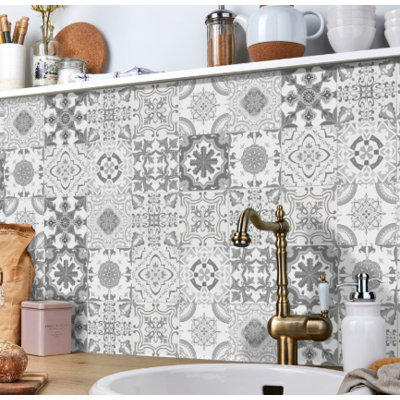 24 Pcs European Mandala Tile Stickers Self Adhesive PVC Waterproof Wall Decals for Kitchen Bathroom Backsplash, 3.9'' x 3.9''