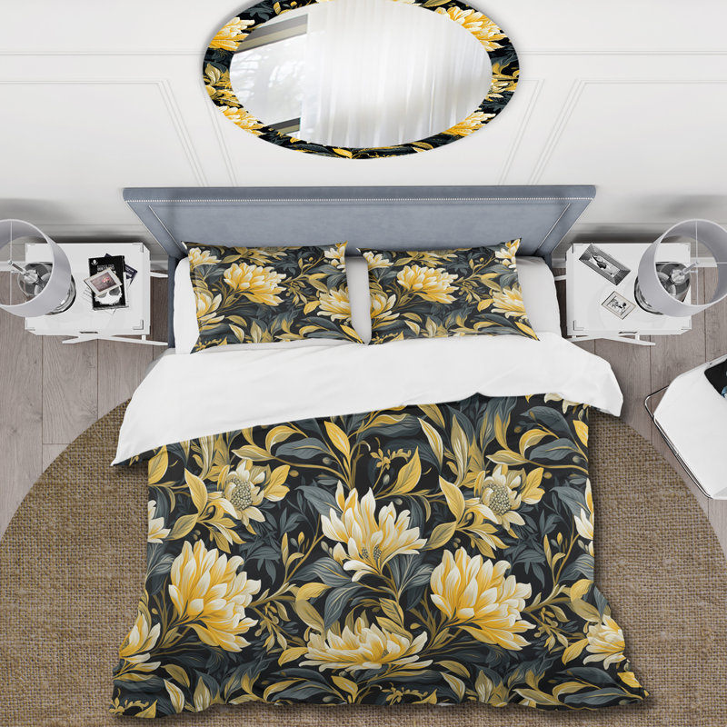 Yellow And Blue Tropical Floral Pattern - Ensemble de housse de couette tropical