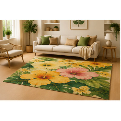 "Ulta Light Weight" 5'x7' Tropical Hibiscus Floral Area Rug for Living Room, Soft Low Pile Indoor Rug with Non-Slip Silicone Backing, Bedroom, Dining Room, Yellow Green