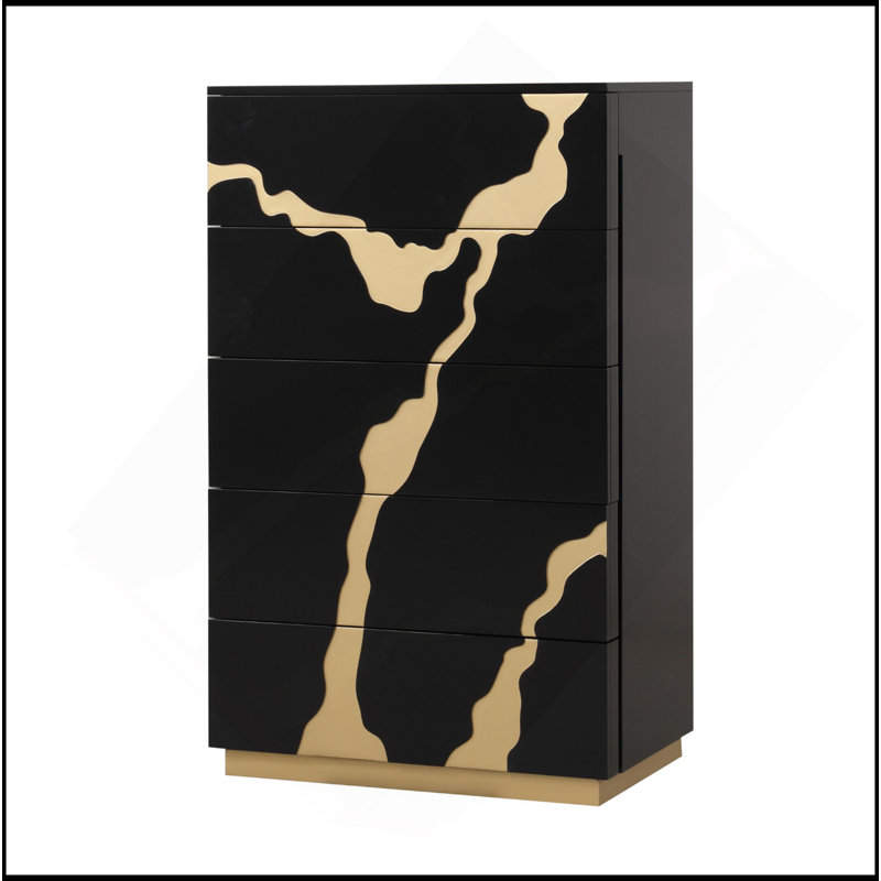 Commode 1 pièce de style contemporain à 5 tiroirs à queue d'aronde anglaise avec motif de glissières à roulement à billes et finition dorée