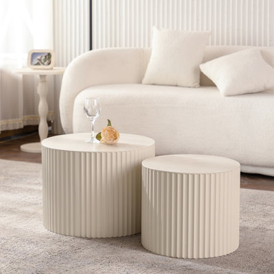 Beige Nesting Coffee Table - Office End Wave Stripe Round Multipurpose & Work- Modern Tables 2 Drum Side For Living Room Space Saving Chic