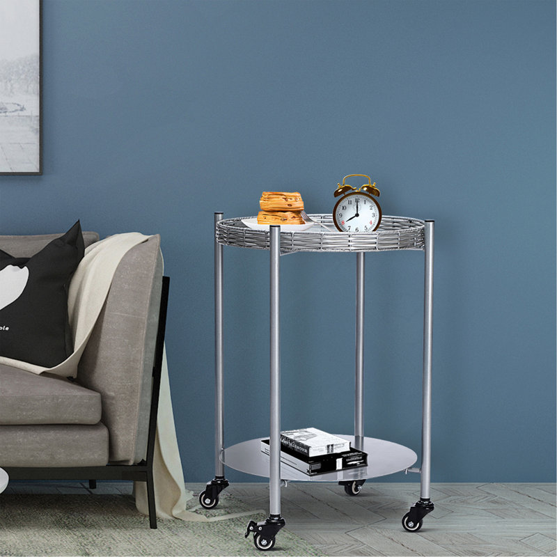 Table basse ronde à roulettes Tables d'appoint mobiles à 2 niveaux Table de chevet amovible en métal argenté pour tables de bout de salon de chambre à coucher à côté du canapé