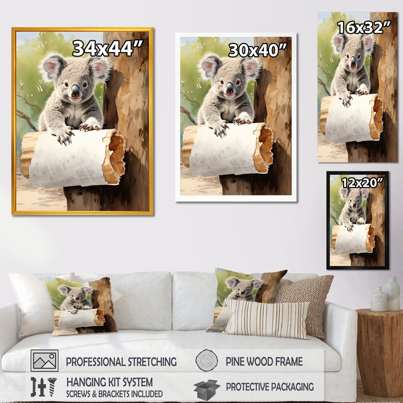 «Cude Koala Cuddle In Austall», art mural Koala, Cadre flottant doré, H 32 po x l 16 po x P 1 po