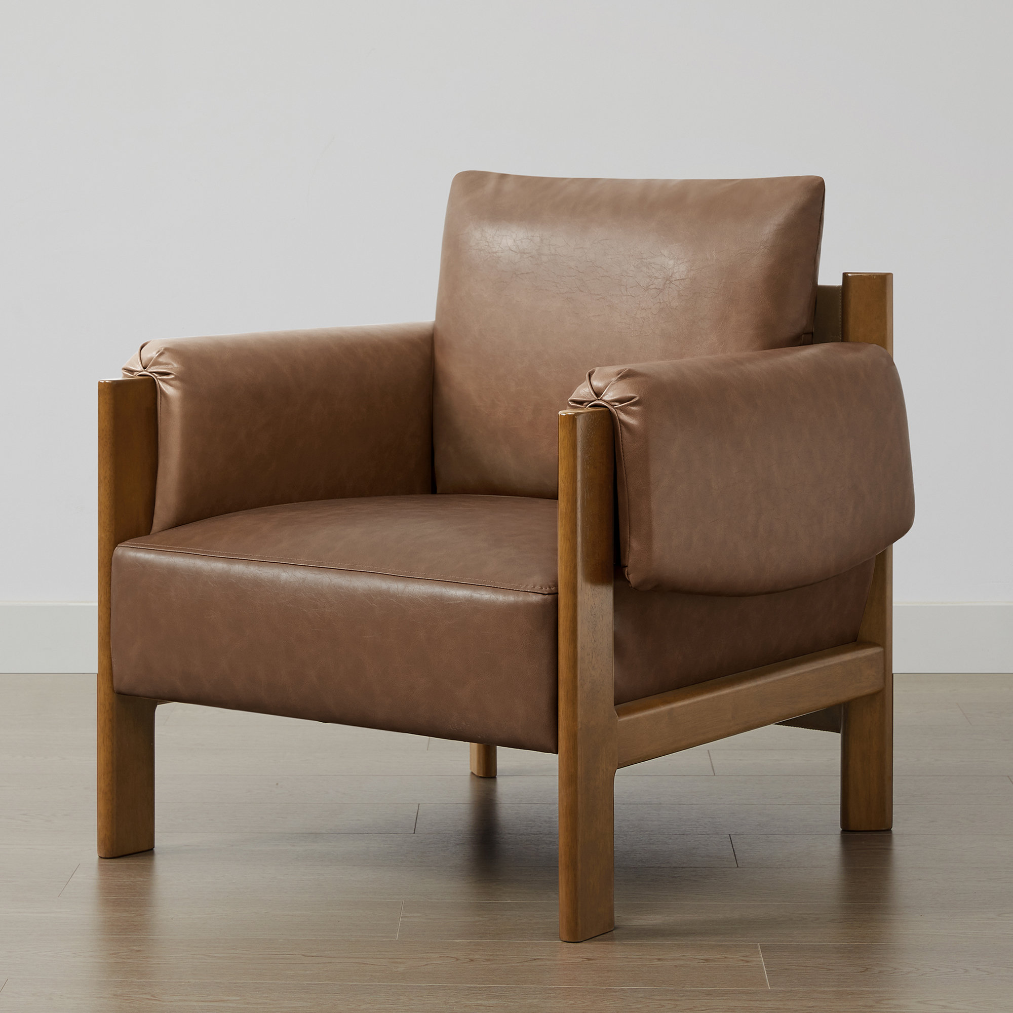 Melksham Mid-Century Accent Chair, Saddle Brown Pebbled Faux Leather, Walnut