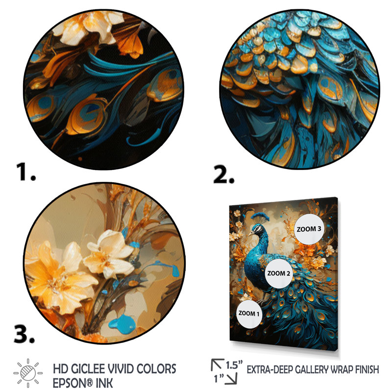 Aakarsh Teal Gold Emerald Peacock Drips - paon, reproduction d'art sur toile encadrée, Toile encadrée noire simple