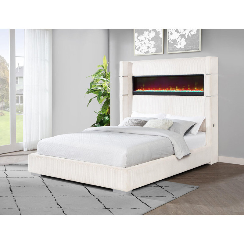 Stoehr 67-Inch Upholstered Fireplace Bed, California King, Cream