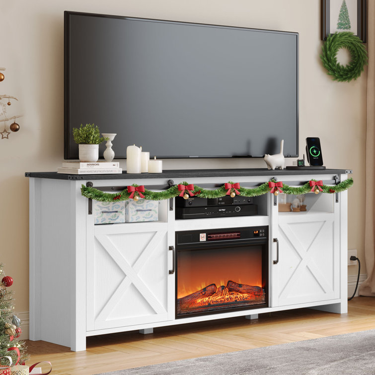 Shawnna Farmhouse Fireplace TV Stand with Power Outlet for 70+ Inch TV, Sliding Barn Glass Door