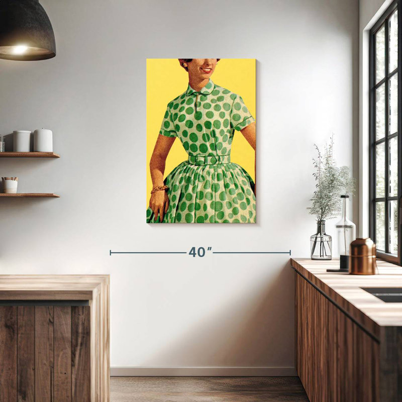 Sh Sholworth, femme en robe verte à pois, H 36 po x l 24 po